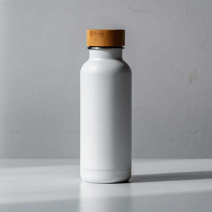 Example photo: Matte white insulated water bottle with a bamboo lid on a gray table