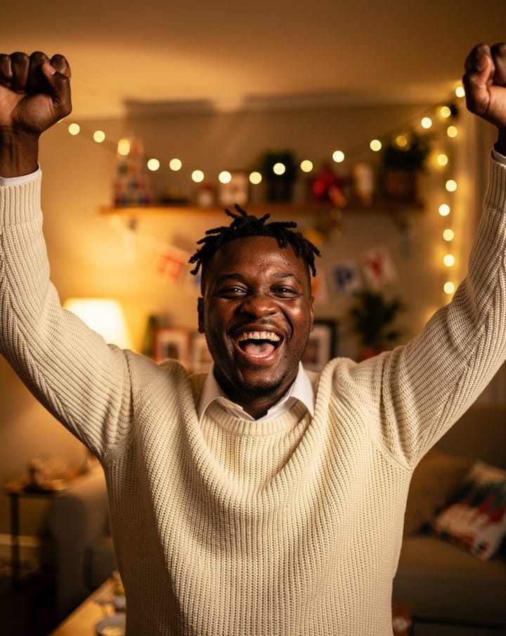 Example photo: Laughing man in a cream sweater with his arms raised at a house party