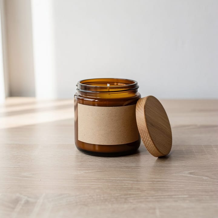 Example photo: Amber glass candle jar with a wooden lid on a light oak table