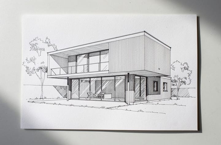 Example photo: Hand-drawn ink perspective sketch of a modern two-storey house