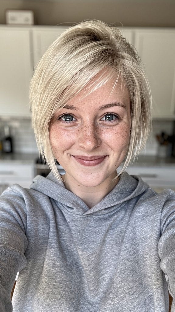 Example photo: Woman with a short platinum-blonde bob taking a casual selfie in a bright kitchen