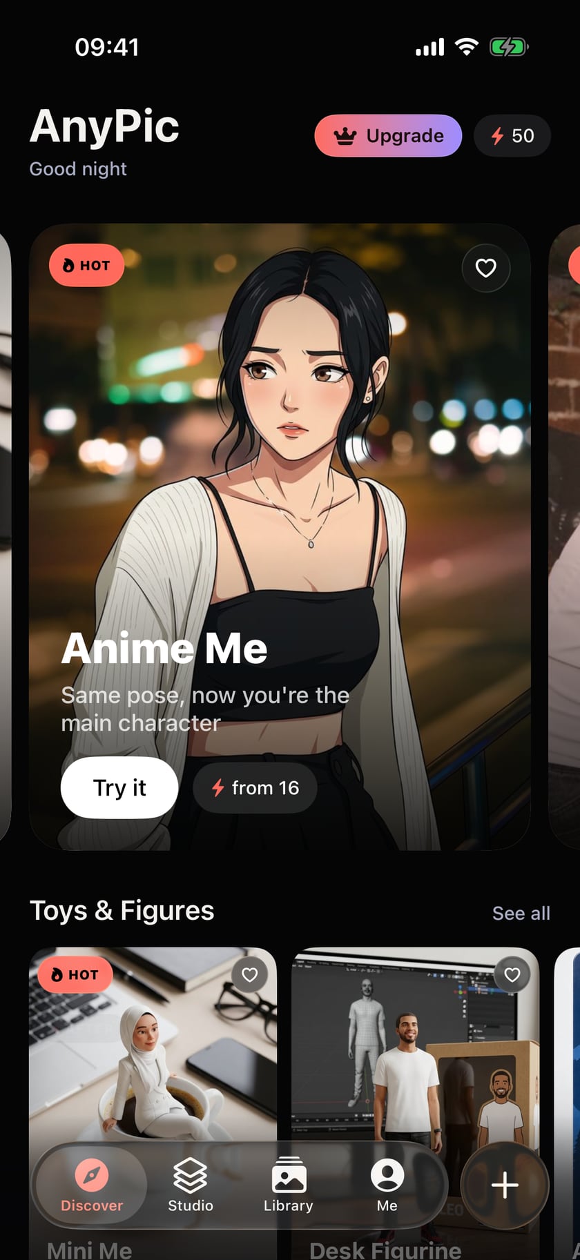 AnyPic’s Discover tab: the Anime Me trend card in the featured slider with a Try it button and “from 16” credits, above the Toys & Figures row