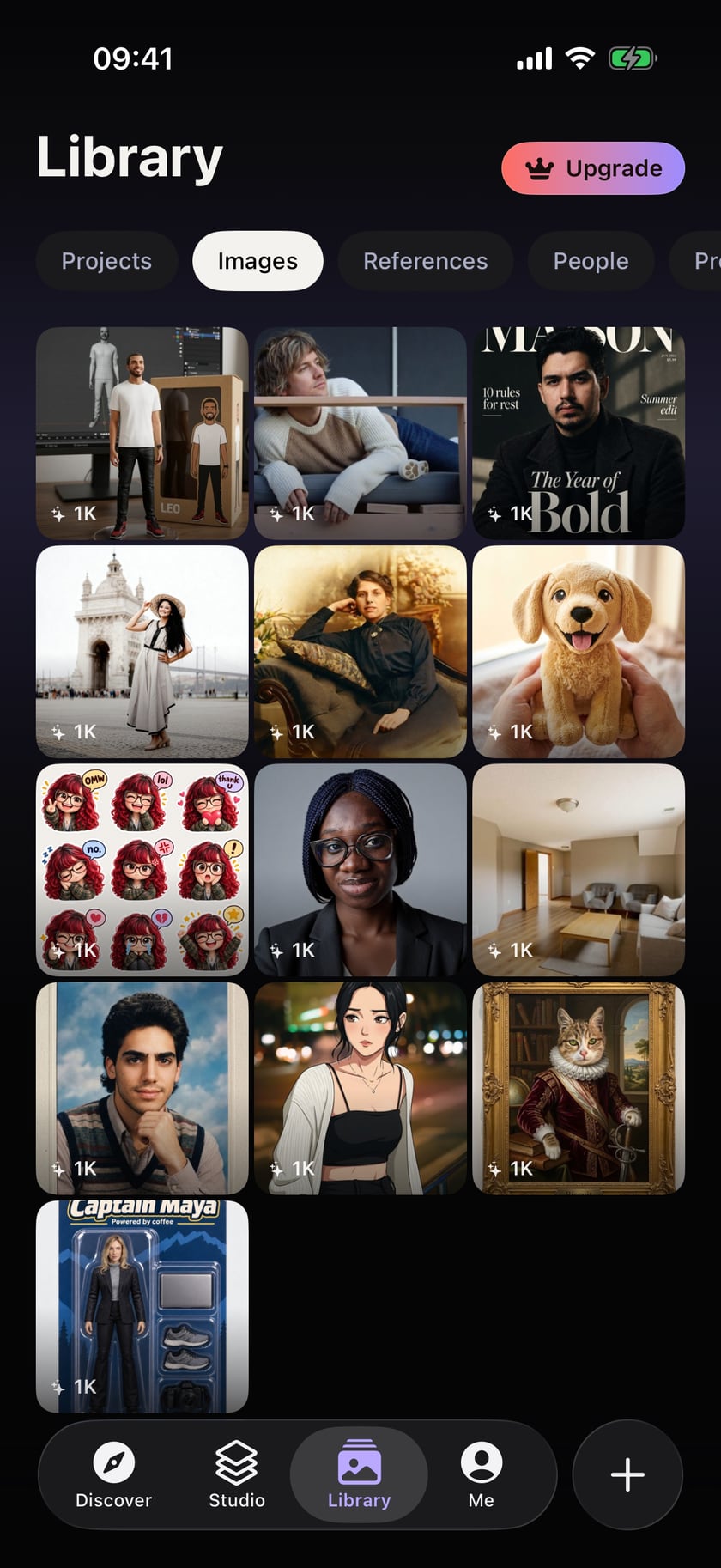The AnyPic Library on the Images tab: a grid of results including a desk figurine, a magazine cover, a plush toy, a sticker pack, an anime portrait, a royal cat painting and a boxed action figure
