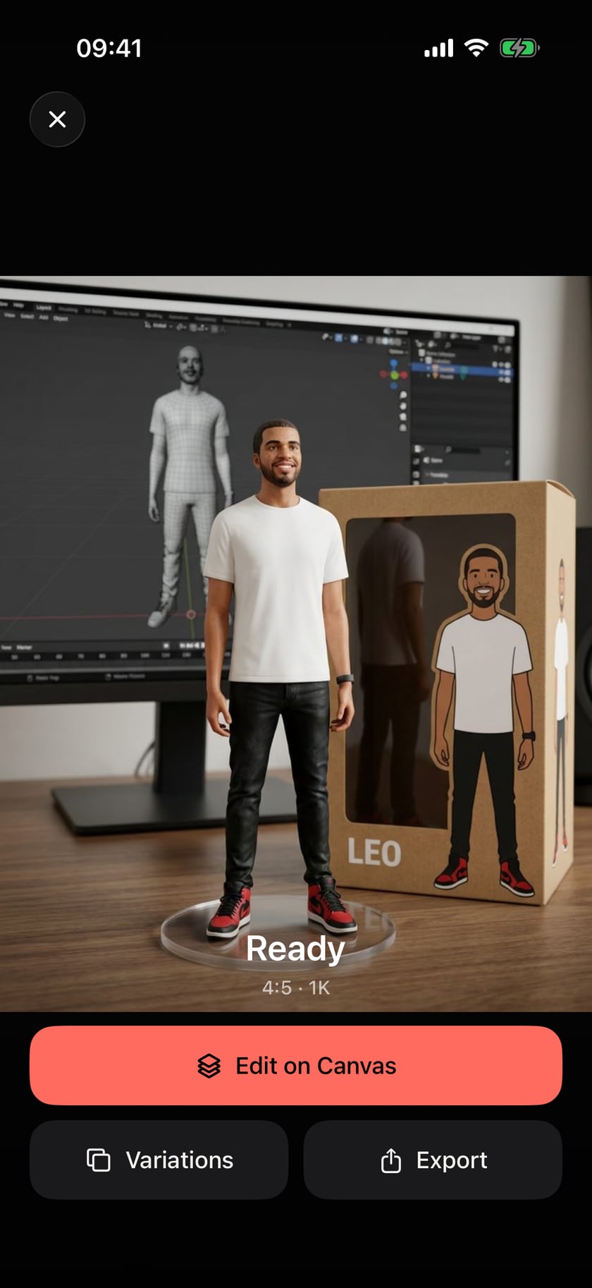 An AnyPic result marked Ready, 4:5 · 1K: a collectible figurine of the man from the example photo on a desk, with Edit on Canvas, Variations and Export buttons