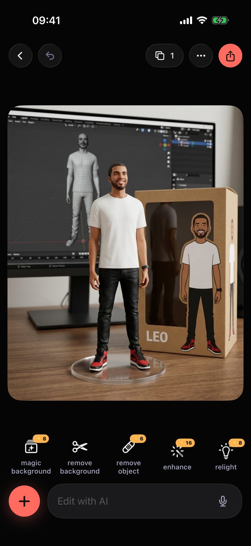The AnyPic Studio editor with a figurine image on the canvas, the AI tool strip showing magic background 8, remove background, remove object 6, enhance 16 and relight 8 credits, and an Edit with AI field with a microphone